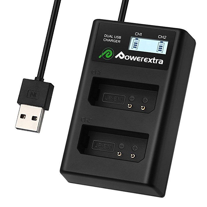 Powerextra Smart LCD Dual USB Charger for Canon LP-E10 Batteries